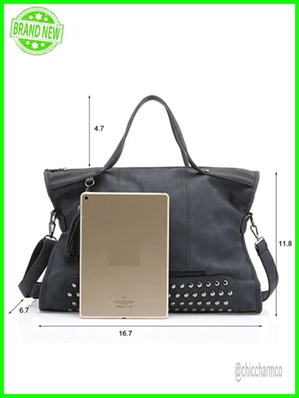 Gothic Studded Faux Leather Tote Bag Punk Rivet Satchel Handbag Shoulder Purse